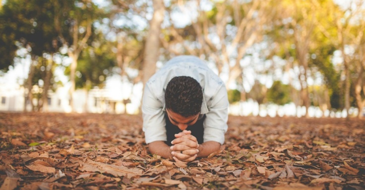 man praying in leaves